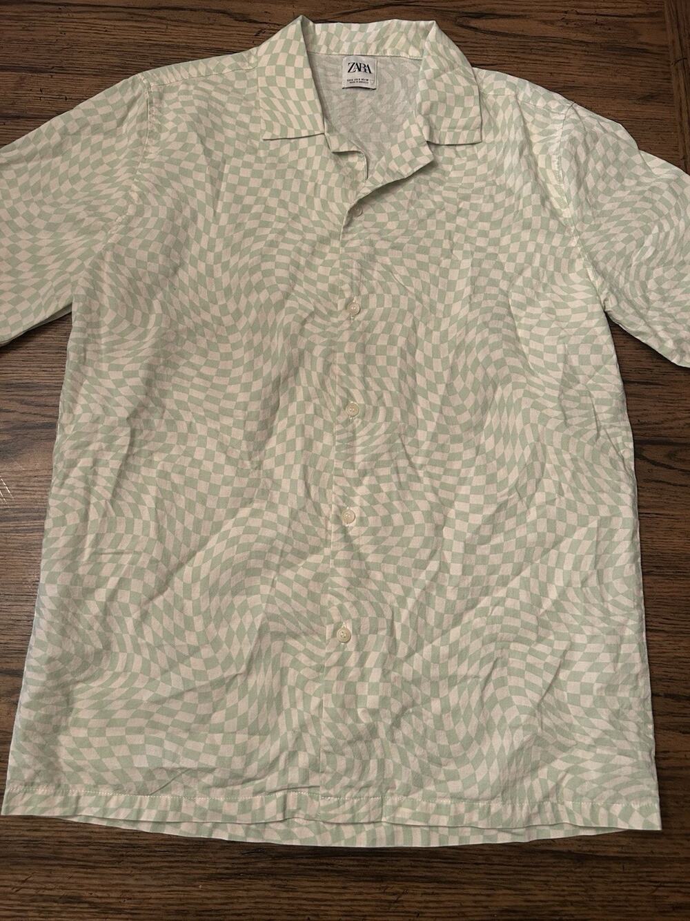 Zara Mens Short Sleeve Shirt Button Down Collared Neon Green Checkers Small